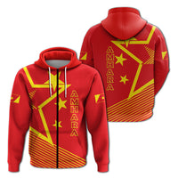 Red zip hoodie with yellow star emblem and vertical 'AMHARA' text on front