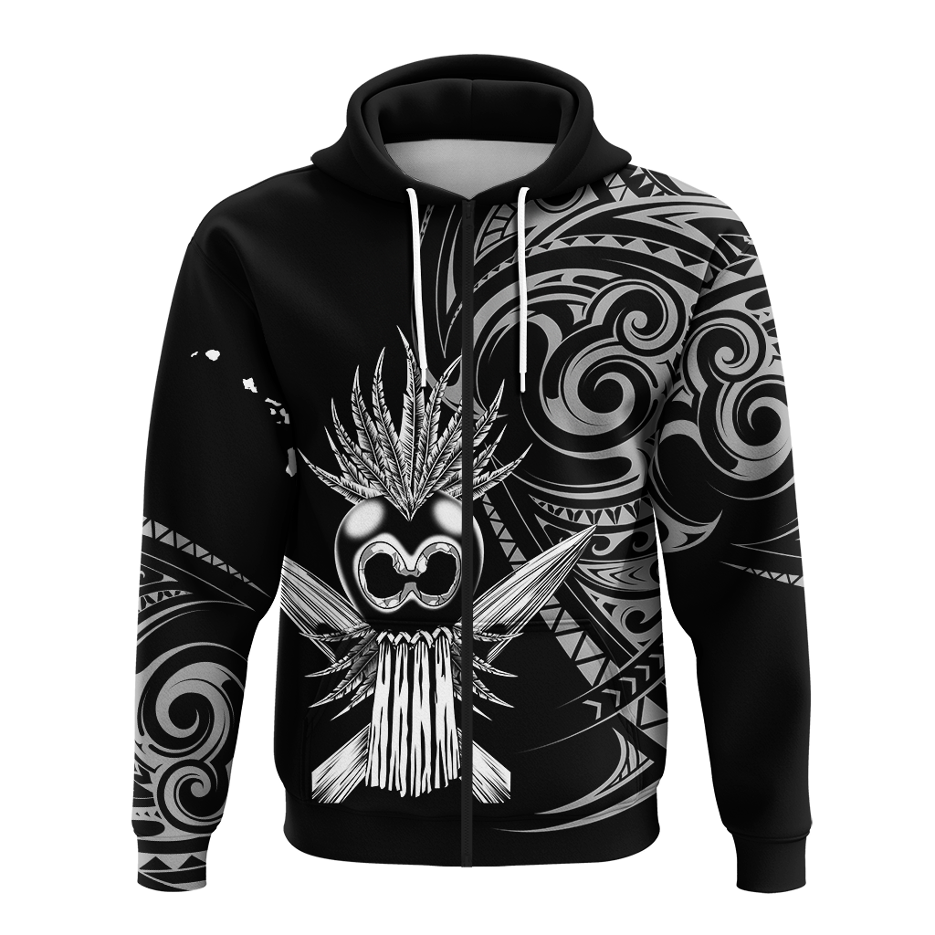 Black pullover hoodie with white tribal skull graphic, front kangaroo pocket, drawstring hood