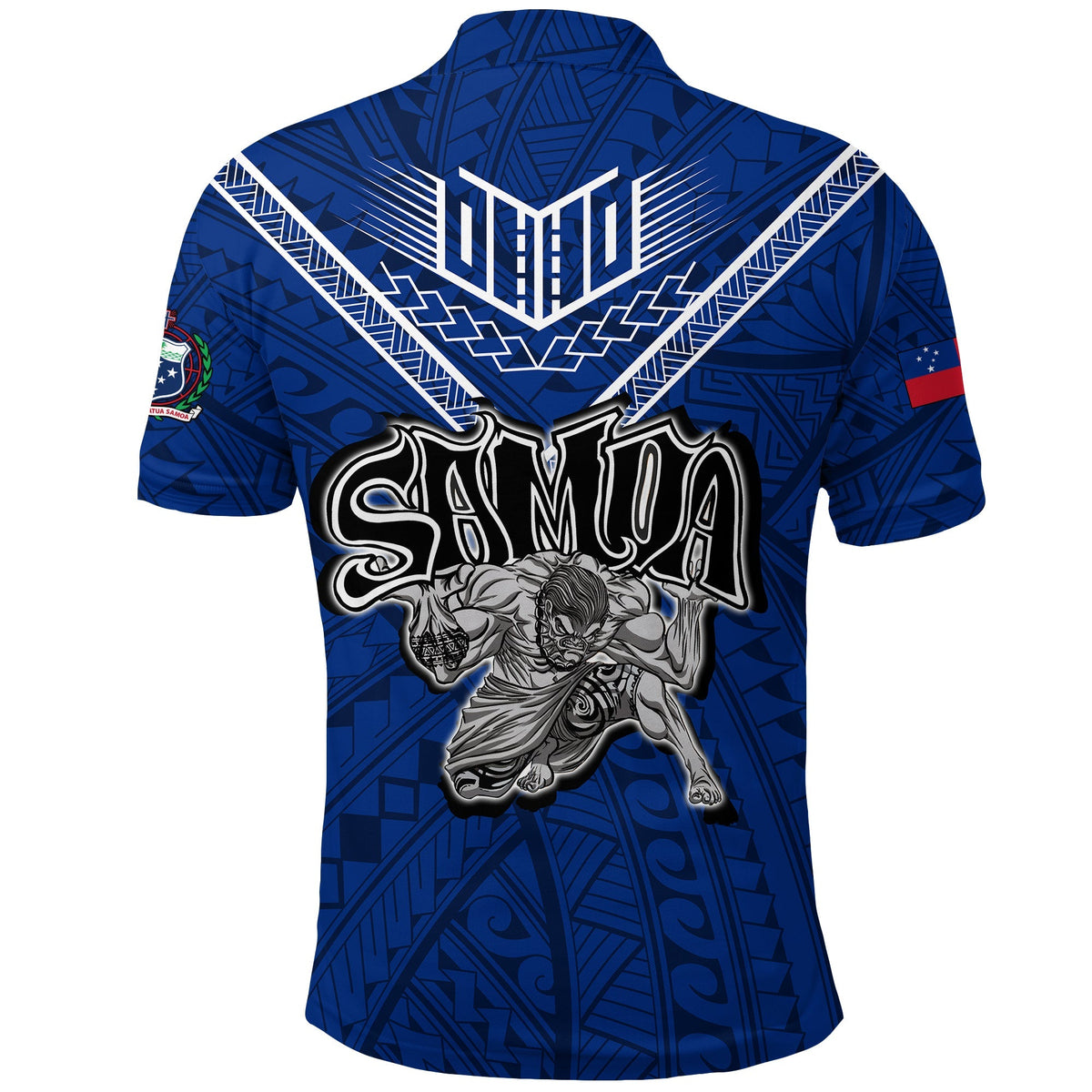 Blue polo shirt back warrior graphic with “SAMOA” text and patterned trim