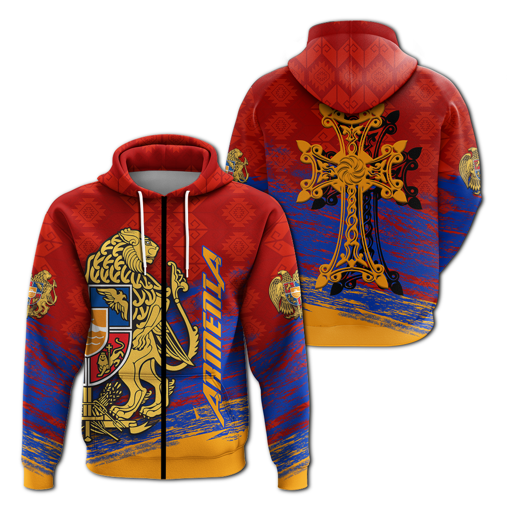 Red Pullover Hoodie mit Armenien-Wappen auf der Brust, blau-rot gestreiftem Print, mit Kängurutasche