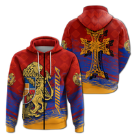 Red Pullover Hoodie mit Armenien-Wappen auf der Brust, blau-rot gestreiftem Print, mit Kängurutasche