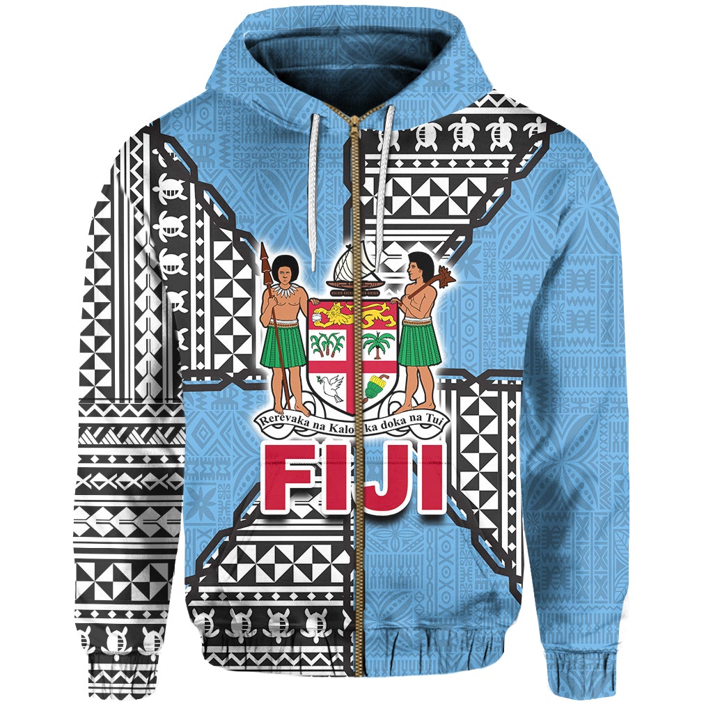 Light blue zip hoodie with Polynesian band tattoo graphic, front zipper & hood