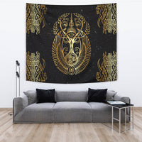 Black Viking tapestry with gold Odin head and winged emblem, ornate corner designs.