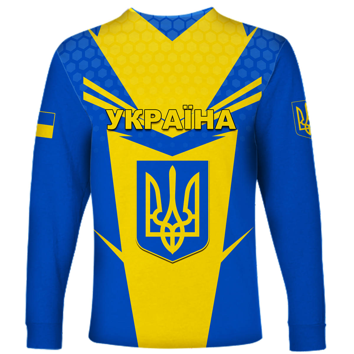 Blue long sleeve unisex shirt with yellow crest trident emblem and Ukrainian text