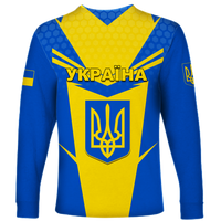 Blue long sleeve unisex shirt with yellow crest trident emblem and Ukrainian text