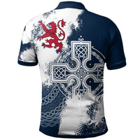 Navy and white Scotland polo back with red lion crest and Celtic cross knot design