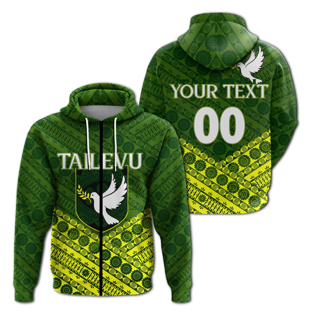 Green zip hoodie tapa pattern with dove and “YOUR TEXT” on chest, hooded