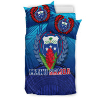 Blue duvet cover with “MANU SAMOA” banner and crest design; matching pillow covers