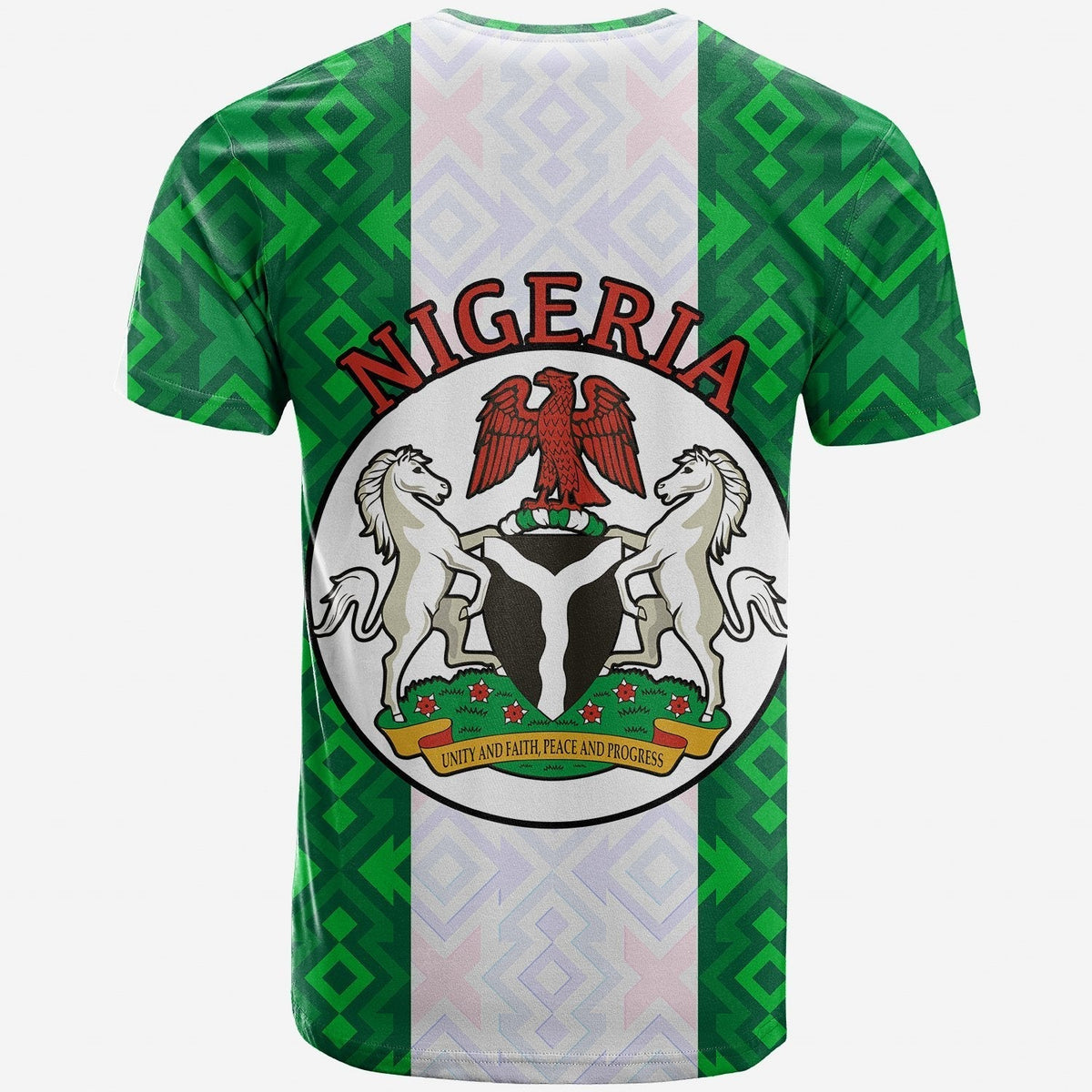 Nigeria crest graphic on green-and-white geometric patterned T-shirt, short sleeves