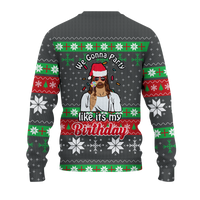Gray ugly Christmas sweatshirt back with 'Gonna Party' and 'Like it's my Birthday' graphics