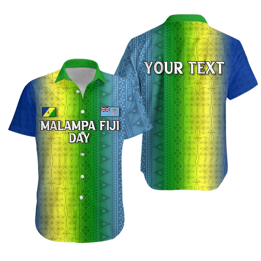Personalised blue Hawaiian shirt with Malampa Fiji Day front and back print, green accents