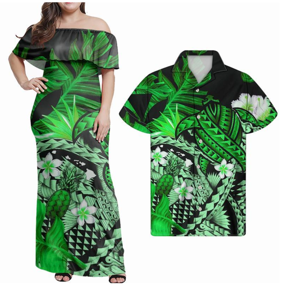 Matching set: off-shoulder green maxi dress + short-sleeve button shirt, tropical print