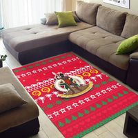 Red ugly Christmas area rug with soldier emblem, green trees and white garland accents