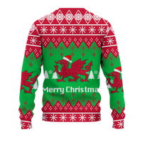 Red and green Christmas sweatshirt with red dragon graphic and white snowflakes, diamond pattern