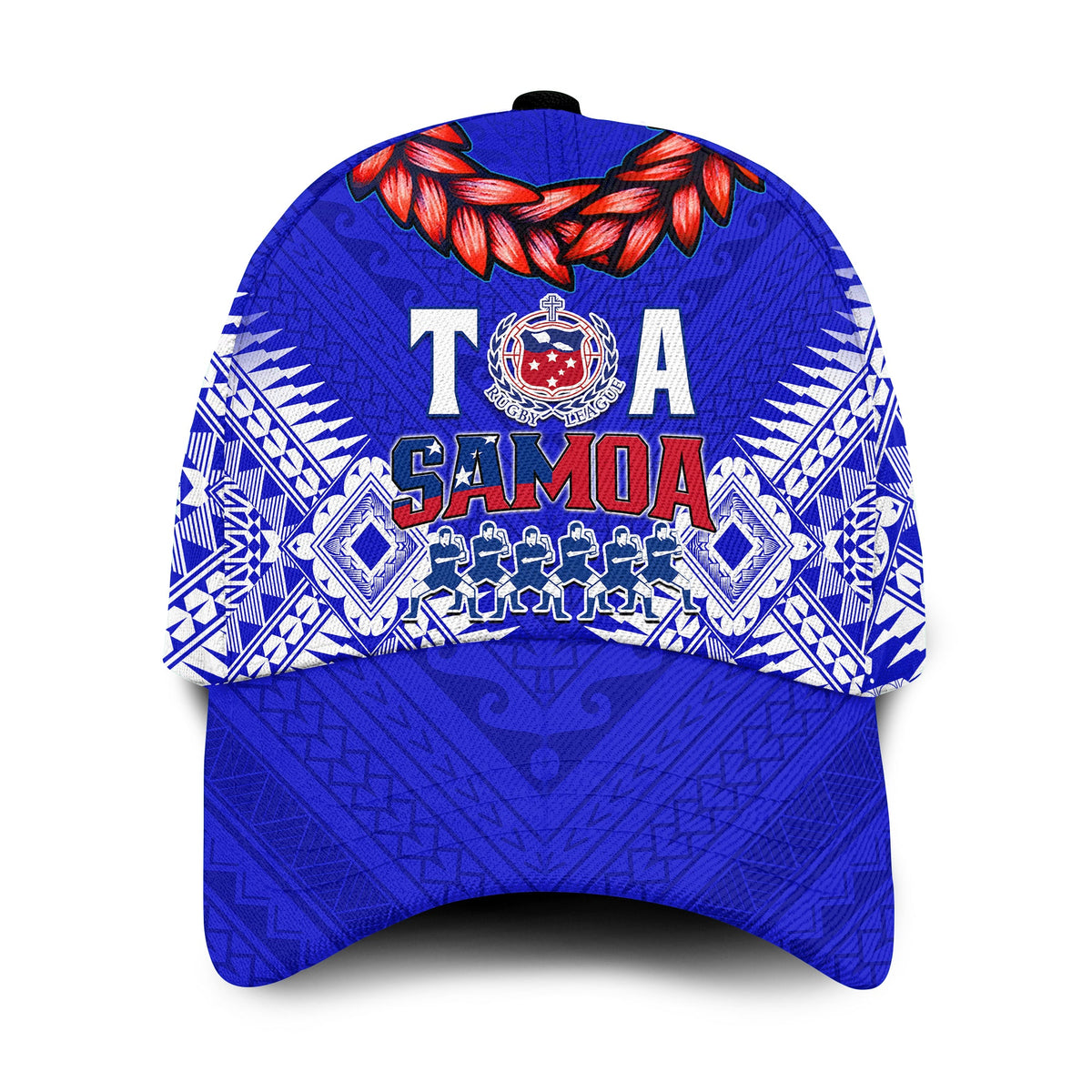 Blue rugby cap with front crest and “TOA SAMOA” lettering, plus red leaf motif