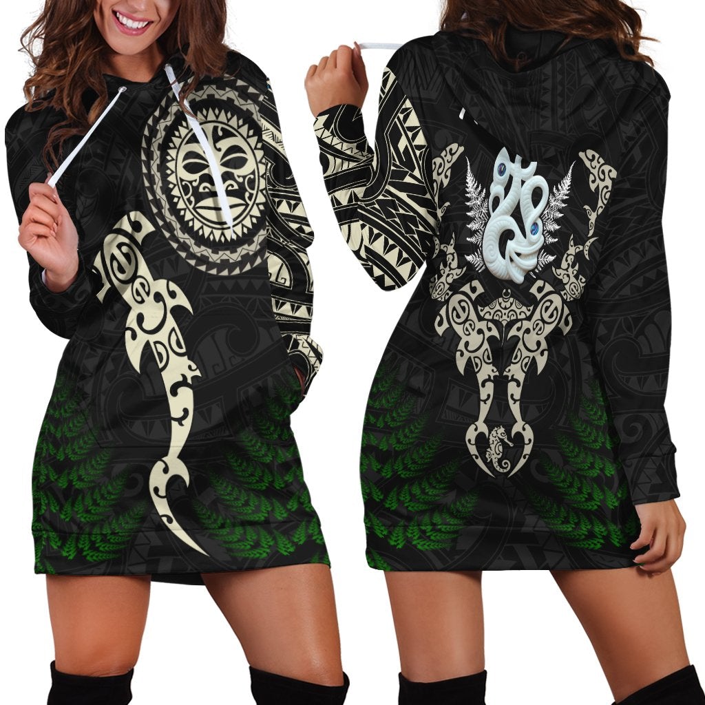 Aotearoa Fern Hoodie Dress Maori Manaia and Fish LT13 - Wonder Print Shop