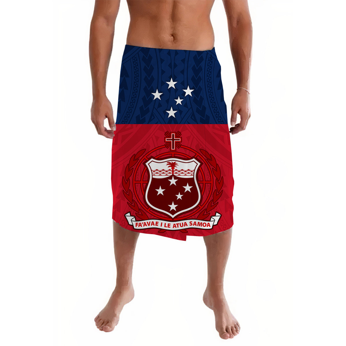 Lavalava wrap skirt with Samoan flag shield and stars, red and blue