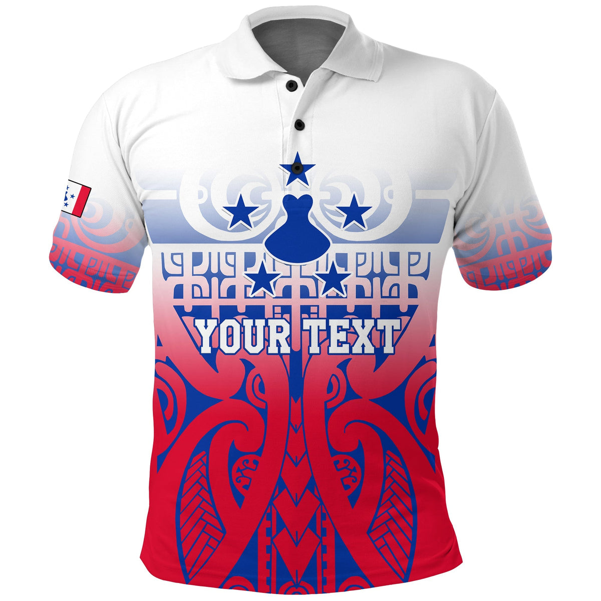 Custom polo shirt with multicolor tribal pattern and star emblem, front view