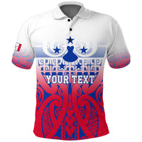 Custom polo shirt with multicolor tribal pattern and star emblem, front view