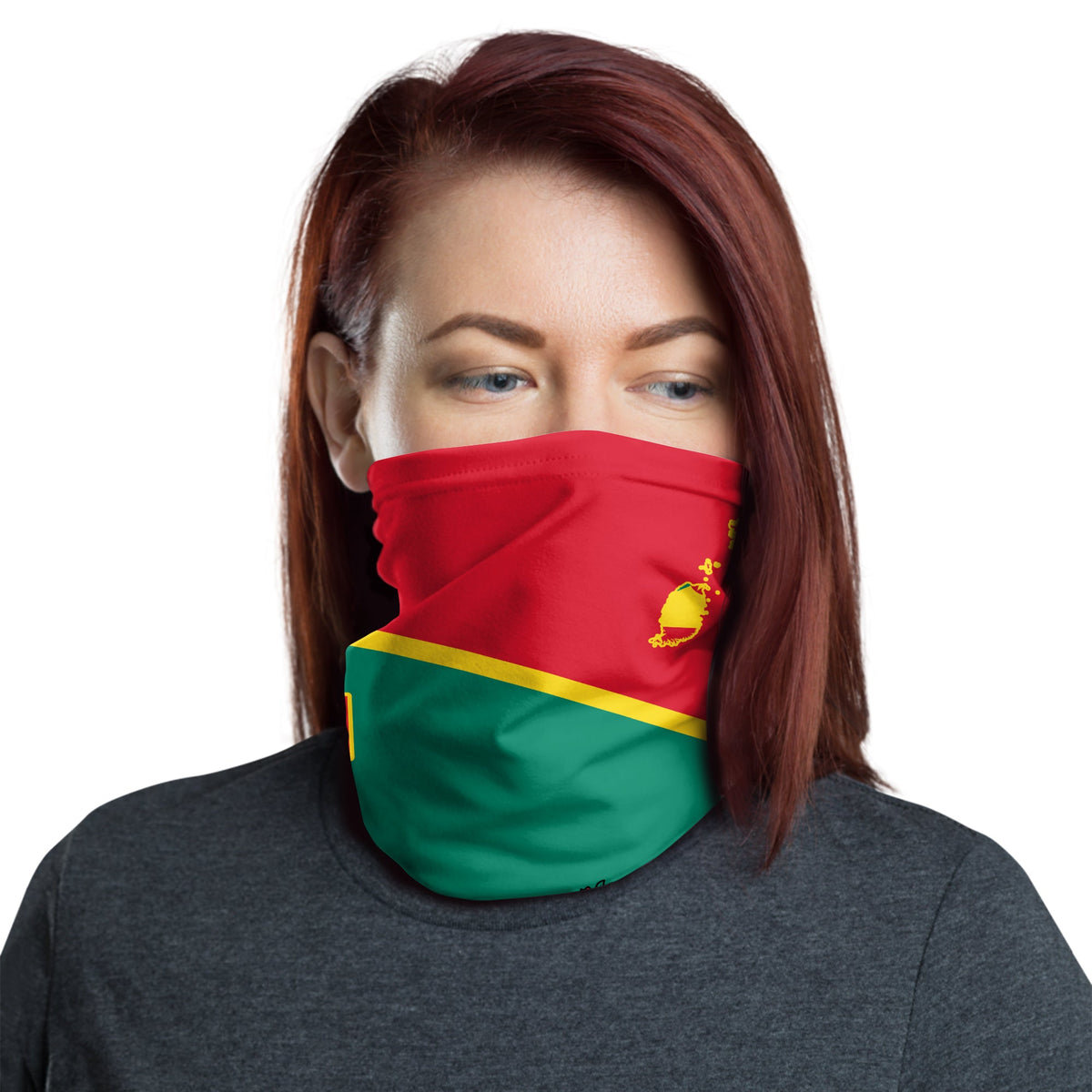 Grenada flag face bandana covering nose and mouth, red-green with yellow emblem