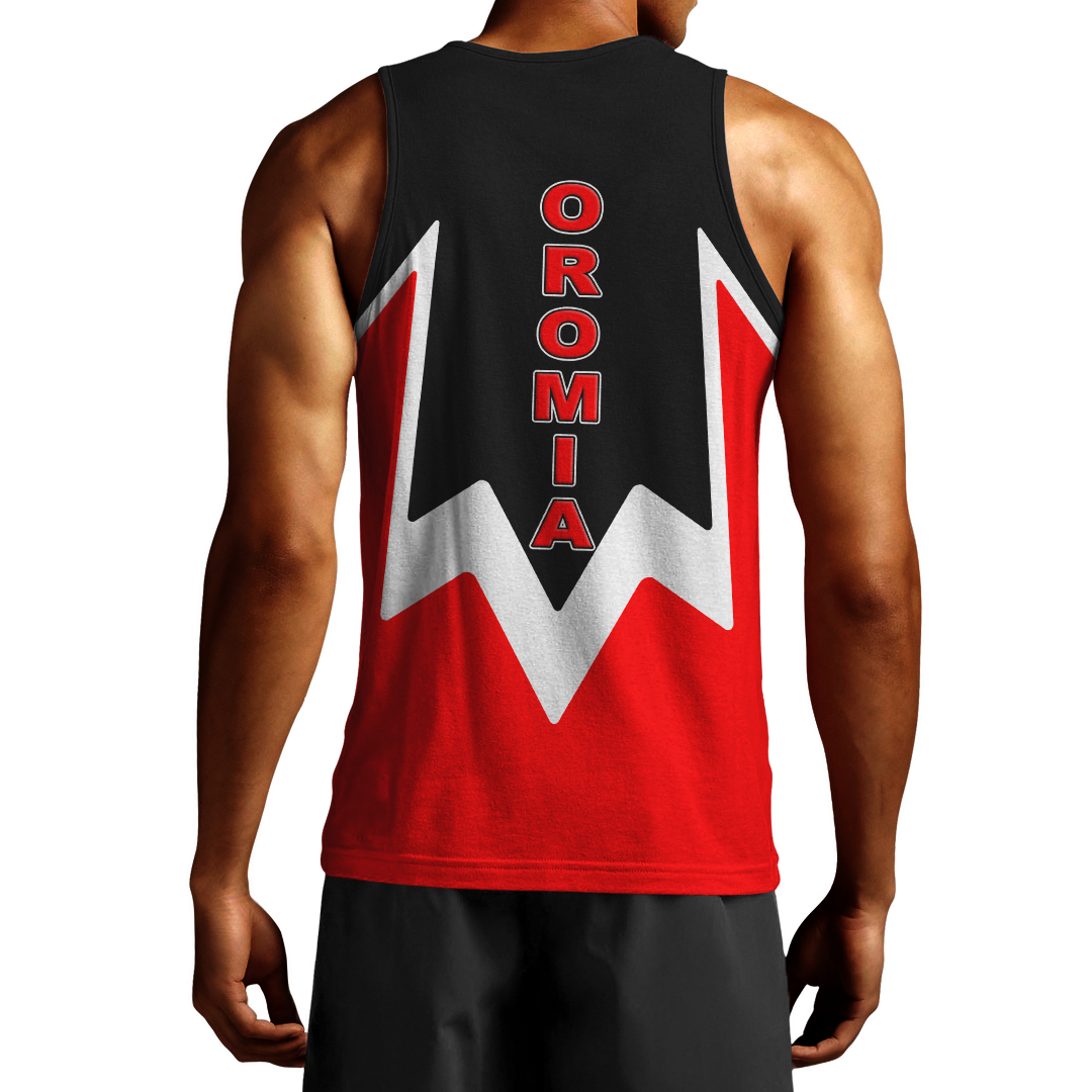 Men’s black tank top back view with red and white Oromia center logo, sleeveless