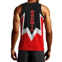 Men’s black tank top back view with red and white Oromia center logo, sleeveless