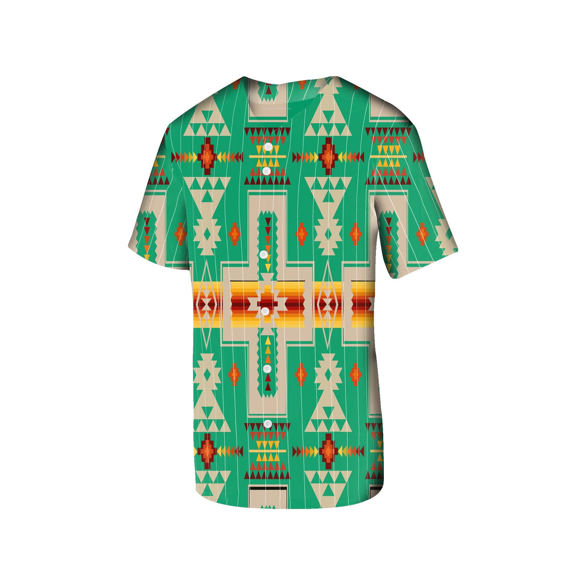Green baseball jersey with Native-style geometric pattern, short sleeves