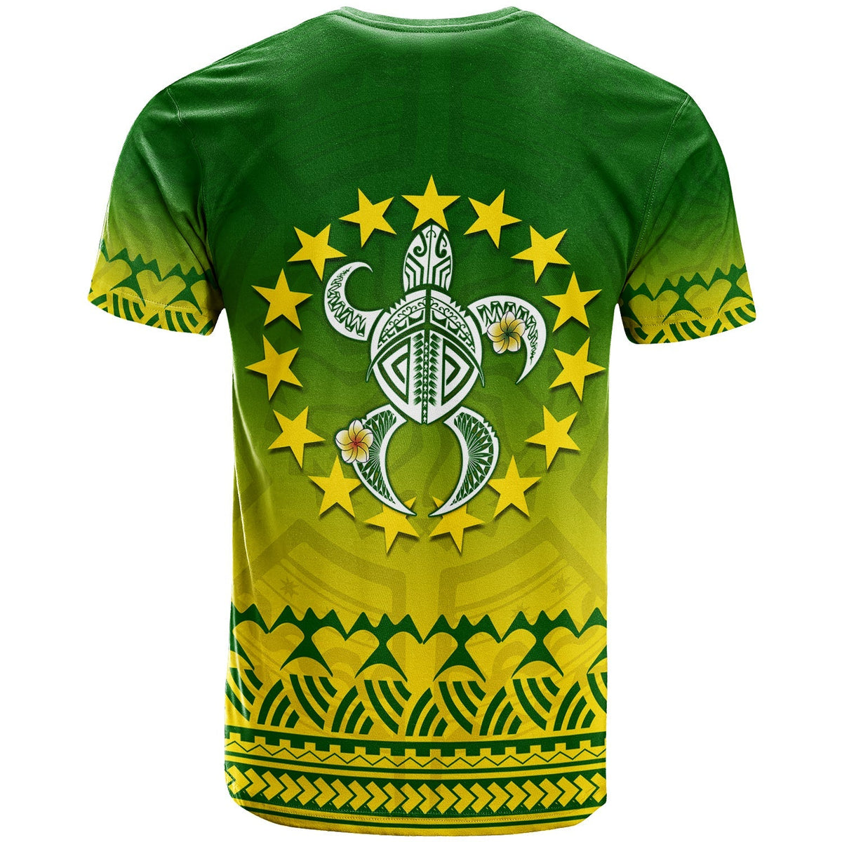 Green T-shirt back, tribal turtle crest with yellow stars and floral details
