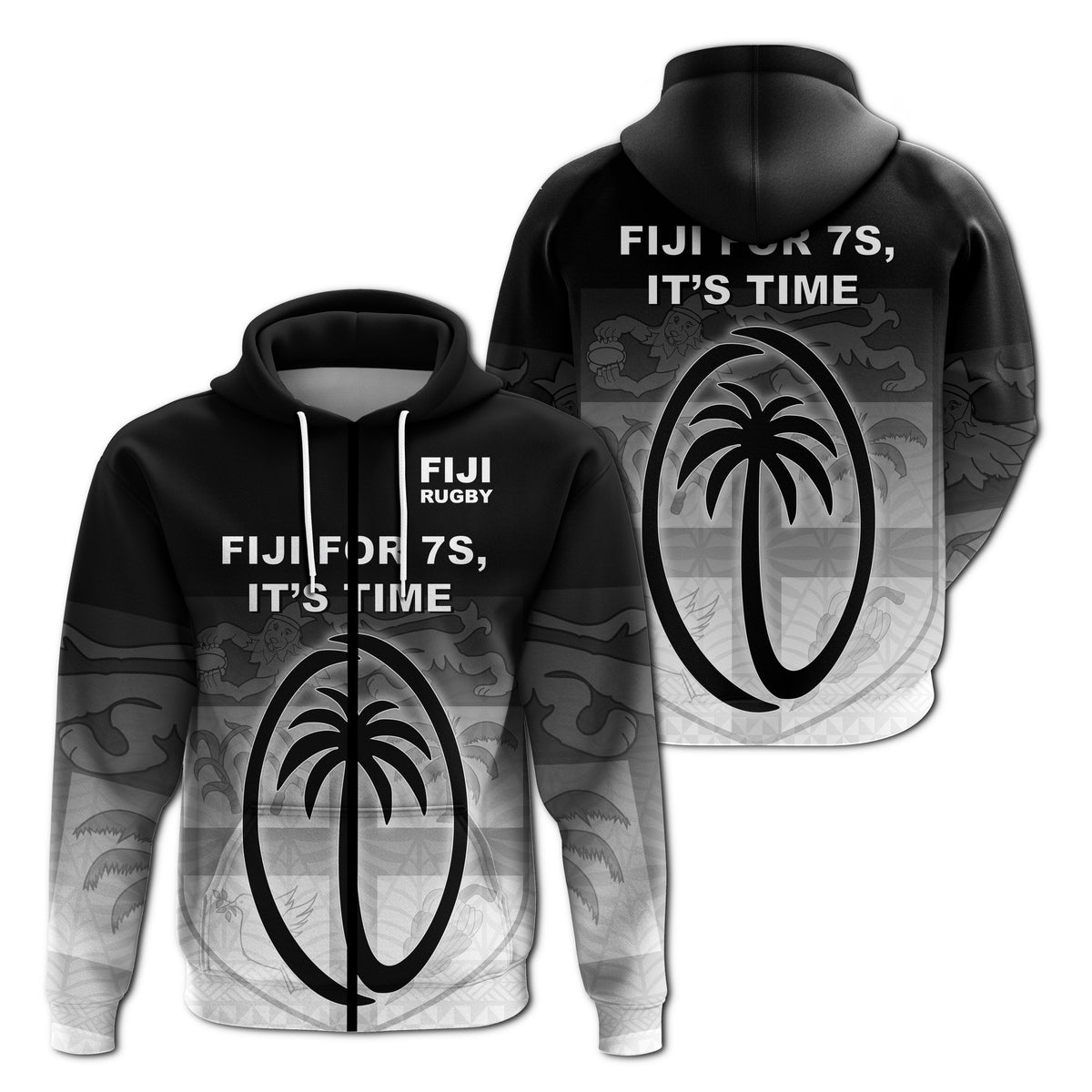Black zip-up hoodie with hood, drawstrings, and large FIJI rugby graphic front