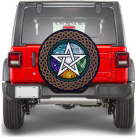 Celtic pentagram spare tire cover with colorful element icons and interlaced border