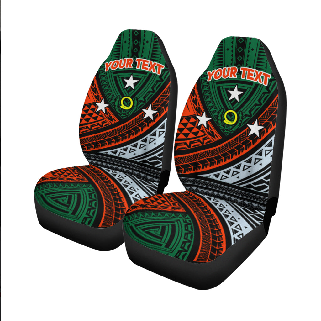 Pair of green tribal print car seat covers with 'YOUR TEXT' on headrests, black trim