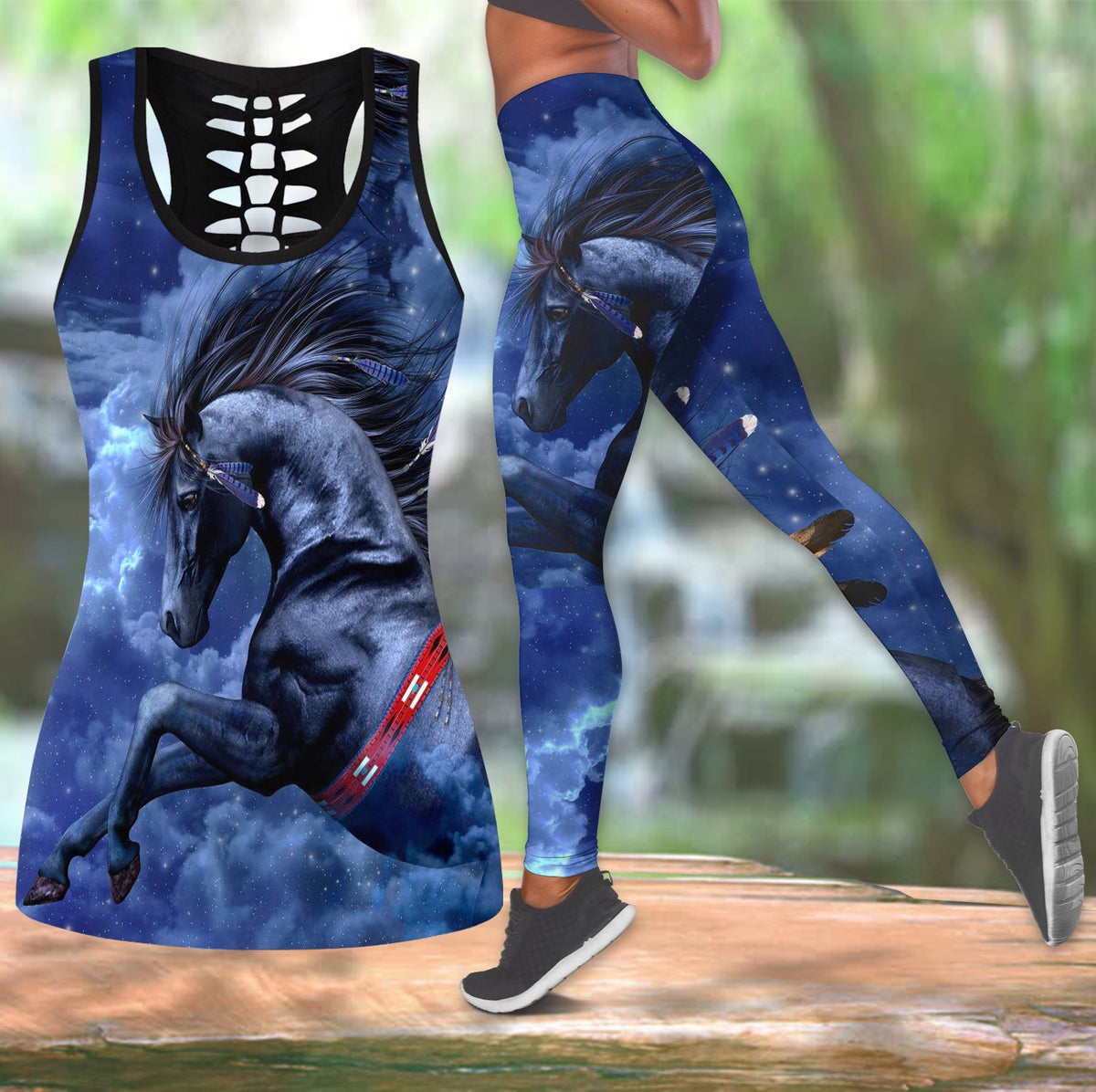 Hollow tank top & leggings set with blue horse galaxy print, black ribbing detail
