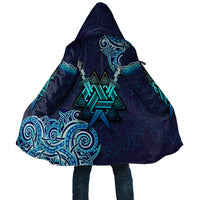 Dark blue hooded cloak back with large turquoise Valknut symbol and swirling runic patterns