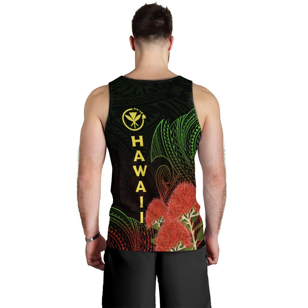 Black men’s tank back with green tiki-style motif and red ohia lehua floral hem