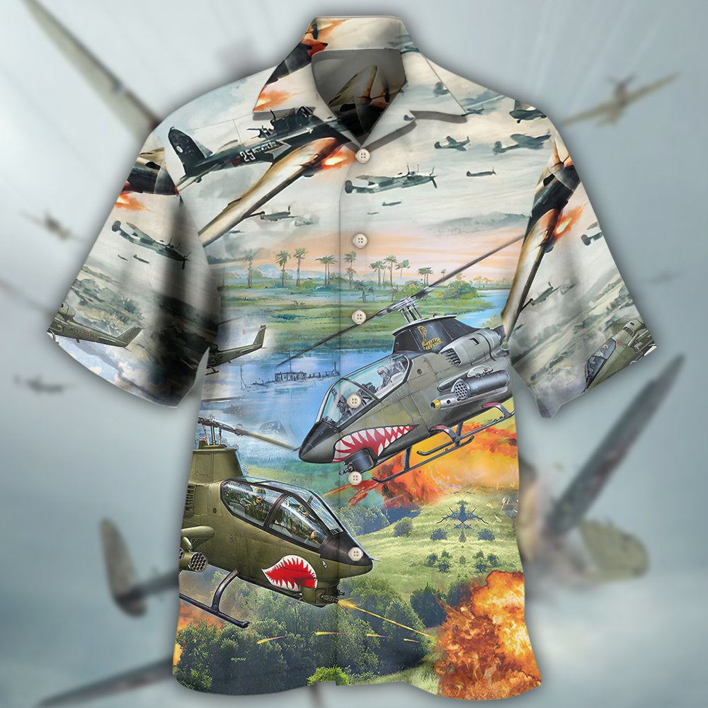 Combat aircraft Hawaiian shirt with button-up collar, short sleeves, colorful plane print