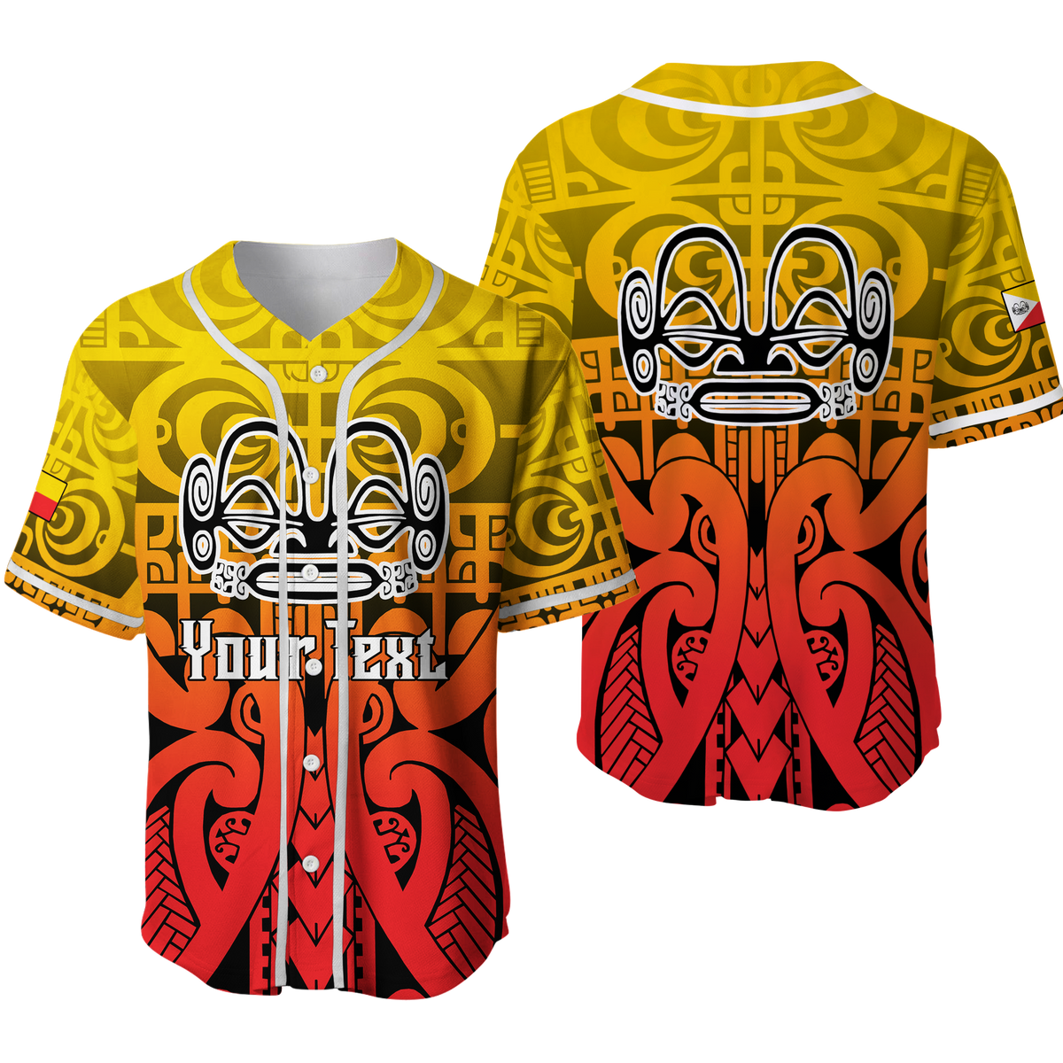Baseball-Jersey mit gelbem Tribal-Motiv, rotem Kragen und Knopfleiste, Ärmelstreifen