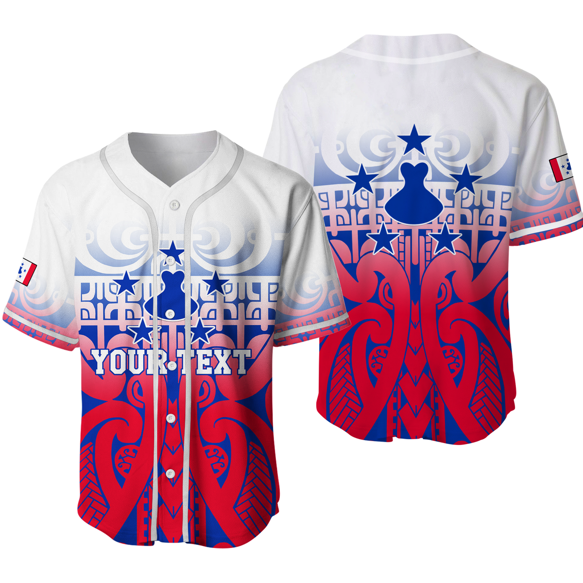 Baseball jersey tribal con botones, diseño rojo y azul con estrellas y gráfico frontal