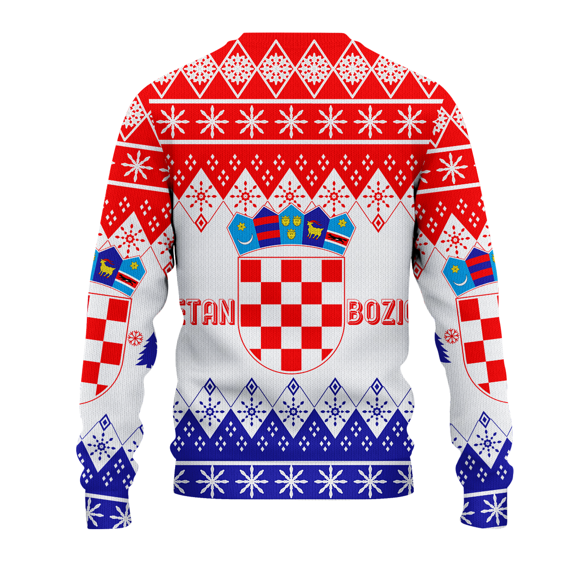 Ugly Christmas sweatshirt with crew neck, red yoke, blue cuffs, and central coat-of-arms graphic