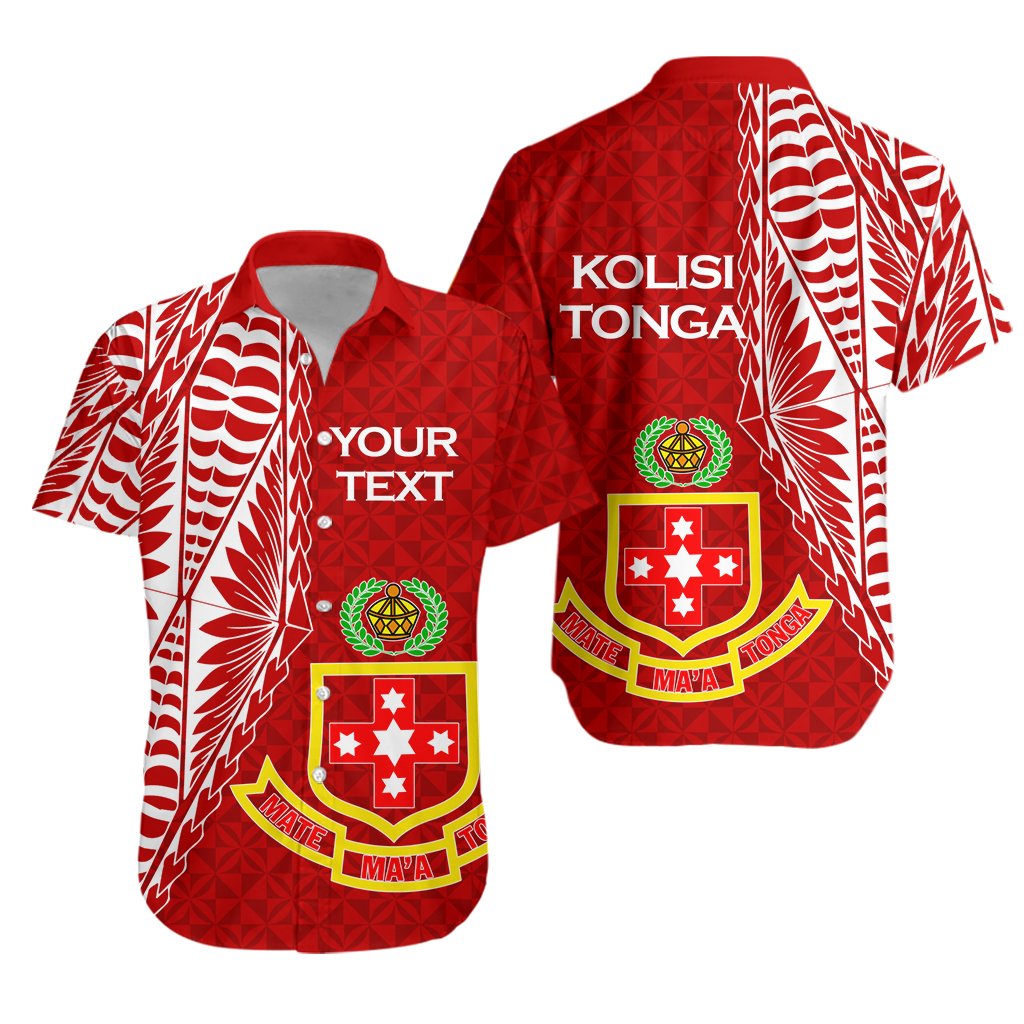 Red unisex Hawaiian shirt with Tongan tribal print and custom text, short sleeves, button-up