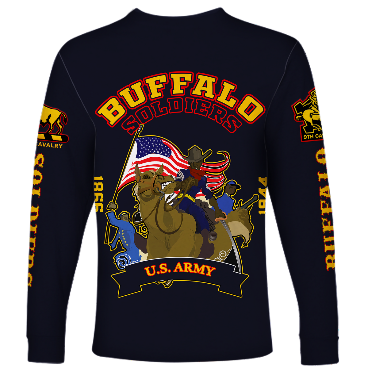 Unisex long-sleeve navy shirt with BUFFALO SOLDIERS back graphic and U.S. Army scene
