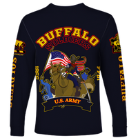 Unisex long-sleeve navy shirt with BUFFALO SOLDIERS back graphic and U.S. Army scene