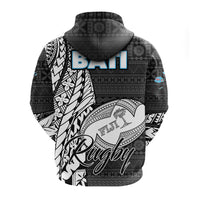 Tapa pattern pullover hoodie back view with large round crest, hood, and logo text