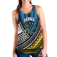 Blue tribal print women’s tank top with large central text graphic