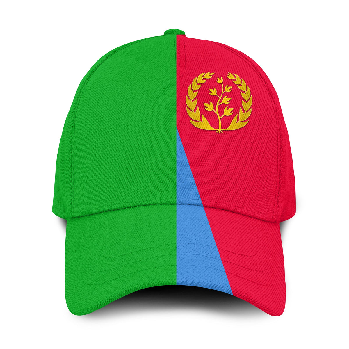 Eritrea flag style cap, classic crown in green, red, and blue with gold emblem