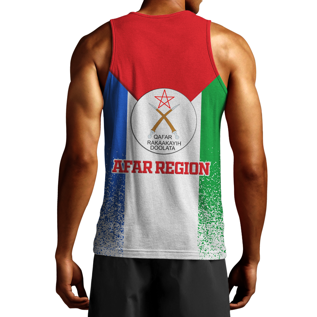 Men’s tank top back, red/blue/green tricolor graphic with circular emblem