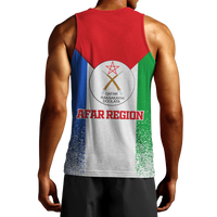 Men’s tank top back, red/blue/green tricolor graphic with circular emblem