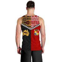 Red and black men’s tank top back design with animal and crest