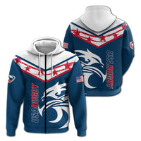 Zip hoodie with blue/white panels, star V yoke graphic and eagle face logo, front