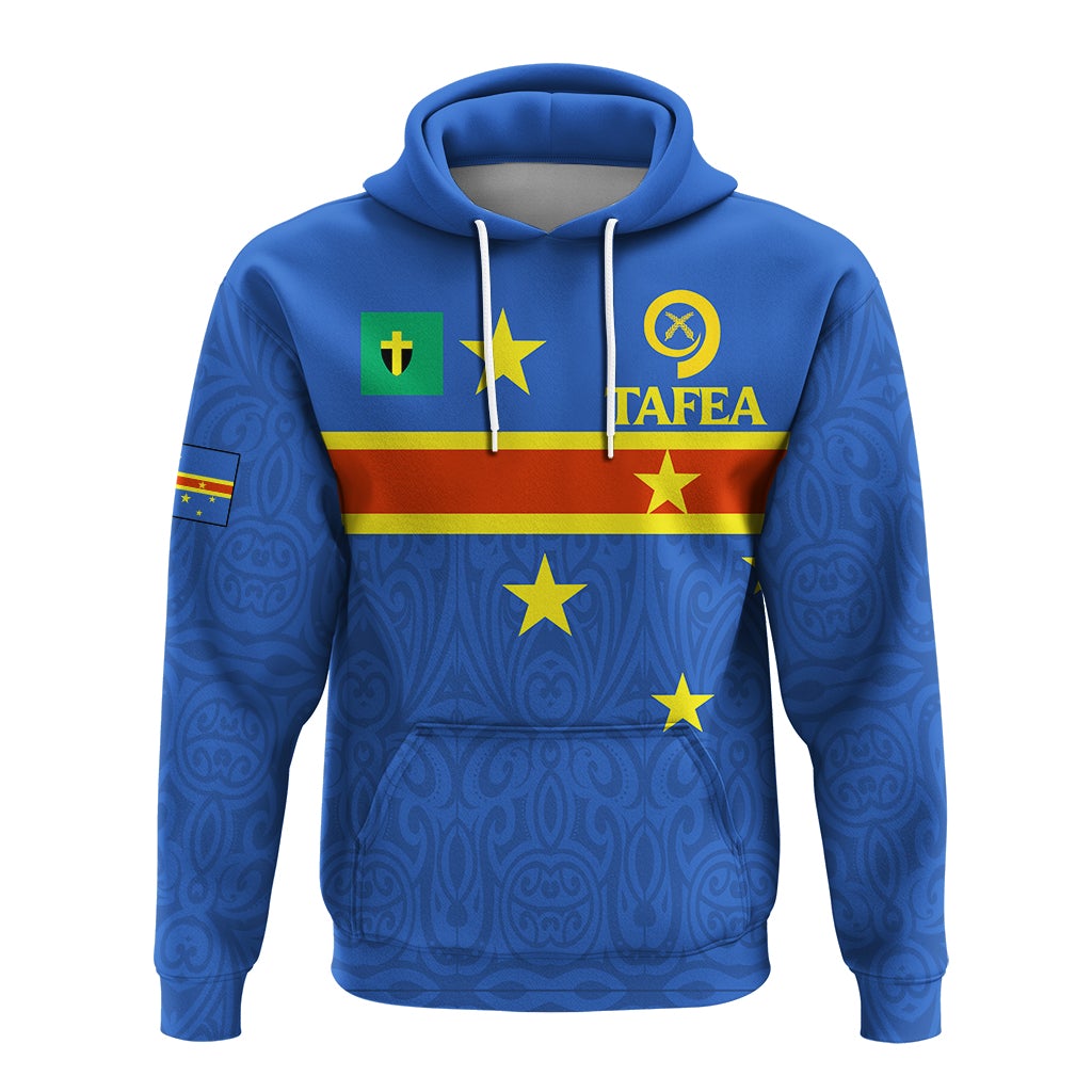Blue pullover hoodie with TAFEA emblem, stars, and colorful flag stripe across the chest.