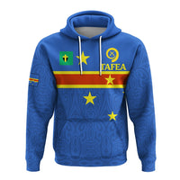 Blue pullover hoodie with TAFEA emblem, stars, and colorful flag stripe across the chest.